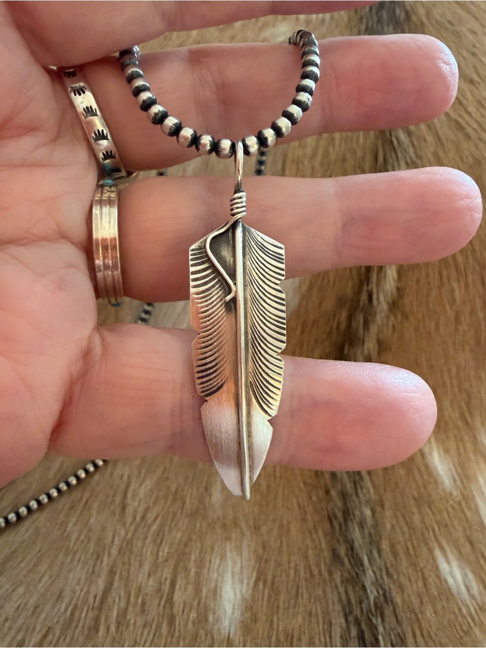 ❤️ Navajo Signed Chris Charlie Sterling Silver Hand Crafted Feather Pendant 2”L